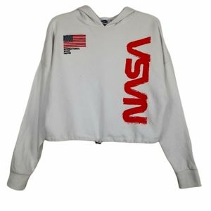 NASA Cropped White Hoodie Cinch Waist XS